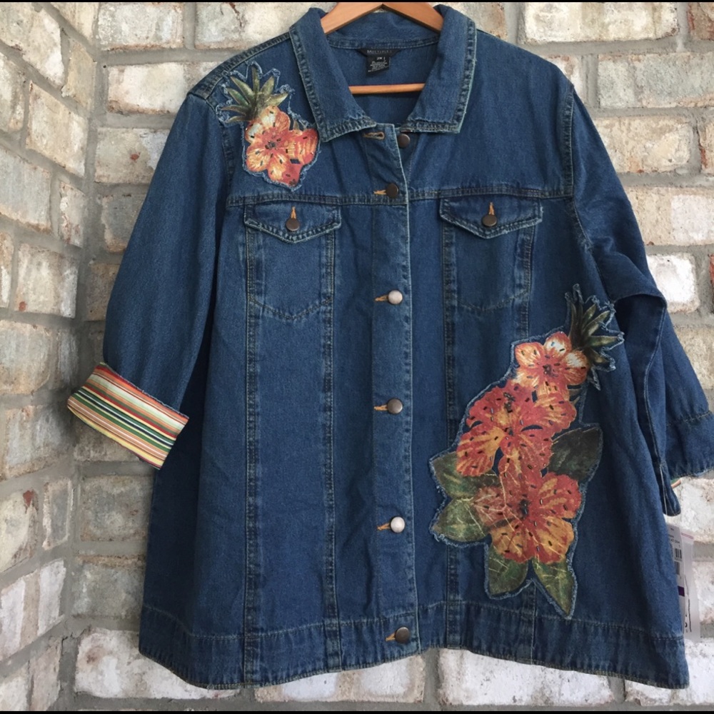 NWT MULTIPLE: APPLIQU'E-BEADED DENIM JACKET 2X